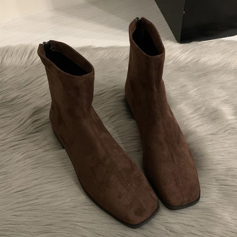 Wildleder Stiefeletten Damen Flats Lederschuhe Frau 2025 Trend Elegant Retro Winter Chelsea Boots Reißverschluss Lässig Schnee Botas Mujer 35 von Joom DACH