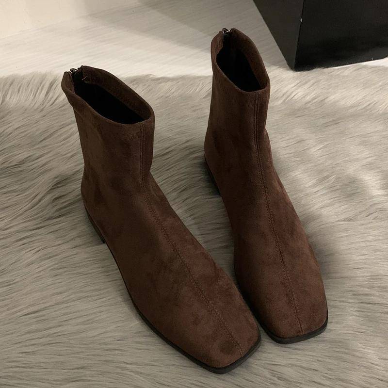 Wildleder Stiefeletten Damen Flats Lederschuhe Frau 2025 Trend Elegant Retro Winter Chelsea Boots Reißverschluss Lässig Schnee Botas Mujer 35 von Joom DACH