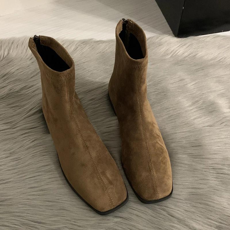 Wildleder Stiefeletten Damen Flats Lederschuhe Frau 2025 Trend Elegant Retro Winter Chelsea Boots Reißverschluss Lässig Schnee Botas Mujer 39 khaki von Joom DACH
