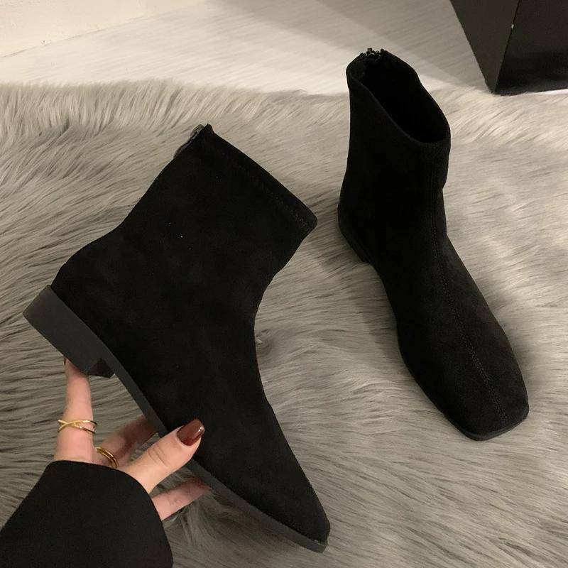 Wildleder Stiefeletten Damen Flats Lederschuhe Frau 2025 Trend Elegant Retro Winter Chelsea Boots Reißverschluss Lässig Schnee Botas Mujer 39 von Joom DACH