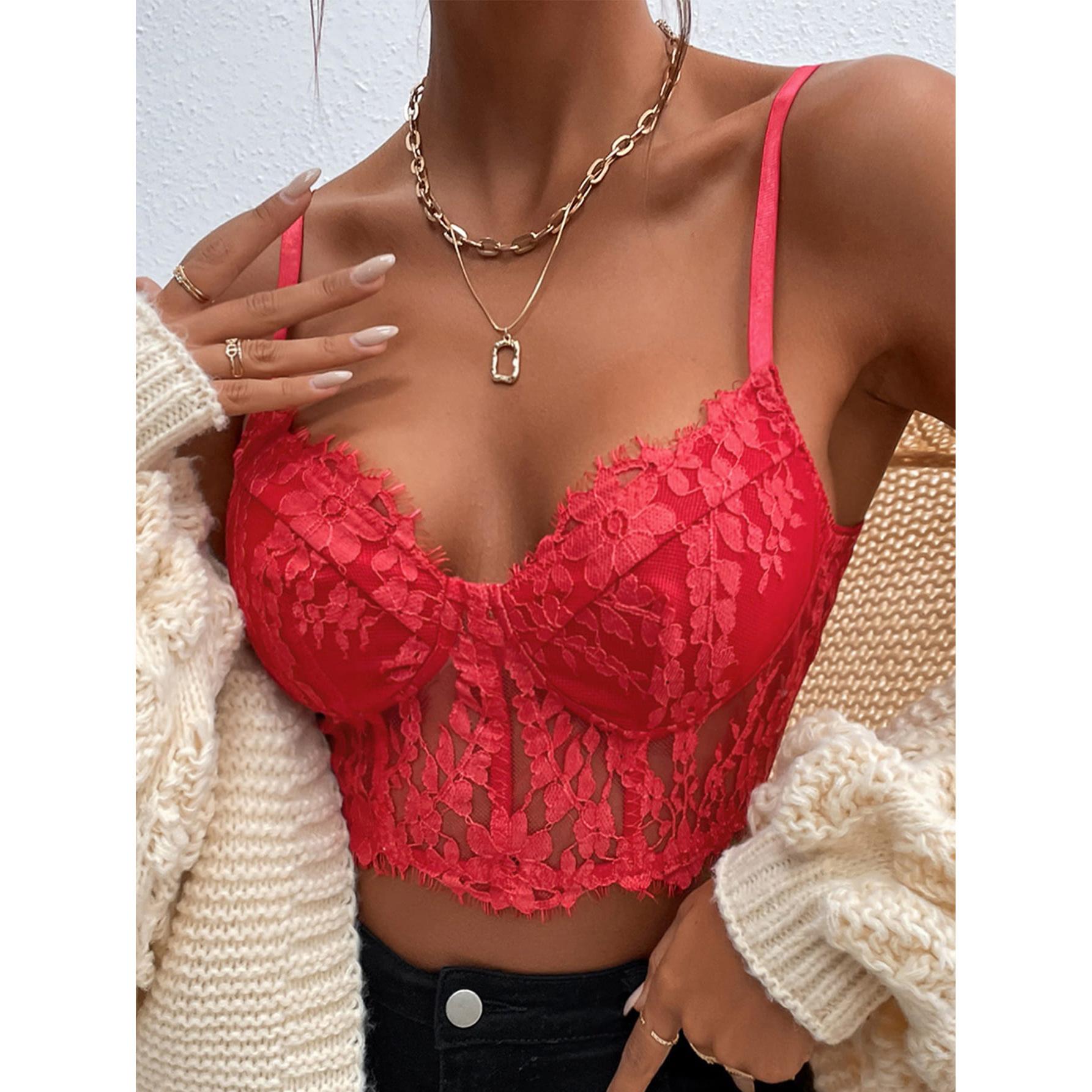 Wimpern Spitze Tank Top V-Ausschnitt Perspektive Crop Tops Frauen Sommer Camis Einfarbig Leibchen Mode Tube Weibliche ärmellose abgeschnittene Weste Y2K Kleidung S rot von Joom DACH