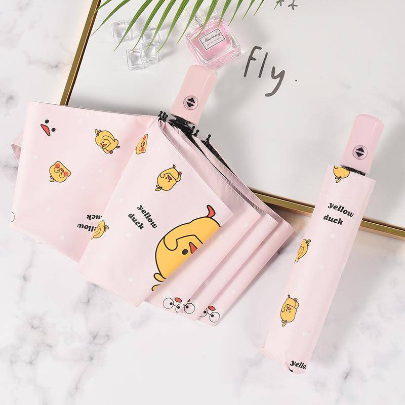 Wind- und regensicherer vollautomatischer Regenschirm, gelbe Ente, sonniger und regnerischer Regenschirm, Sonnenschutz, Damen, dreifacher Cartoon-Regenschirm von Joom DACH