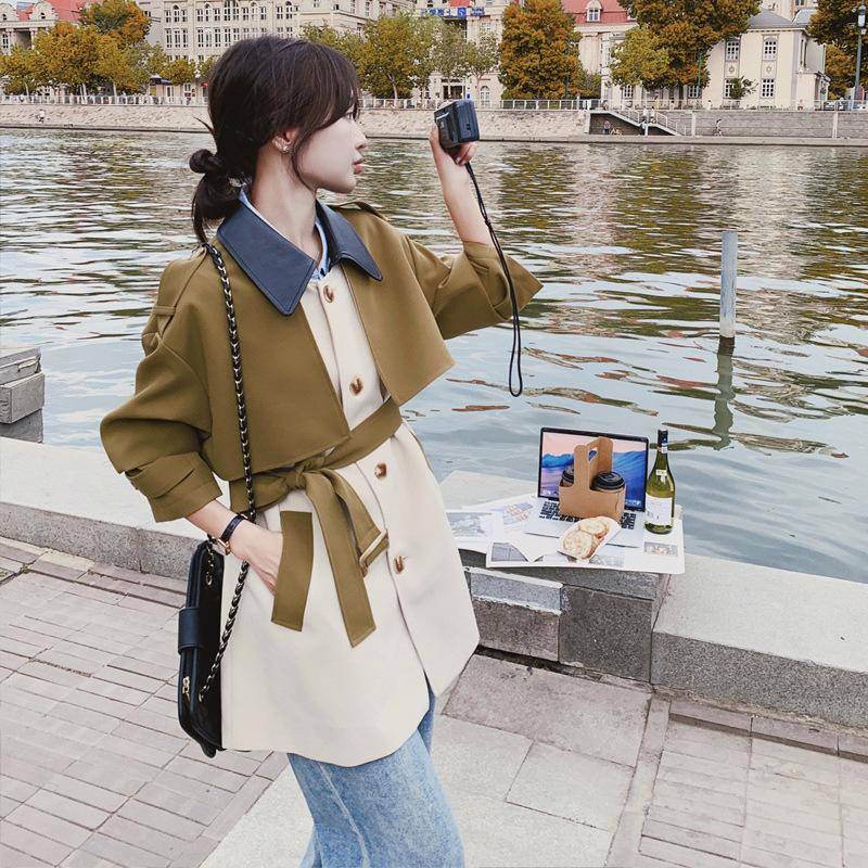 Windjacke für Damen, lockerer, kontrastfarbener, zweiteiliger, mittellanger Mantel im britischen Stil für Frühling und Herbst XL von Joom DACH