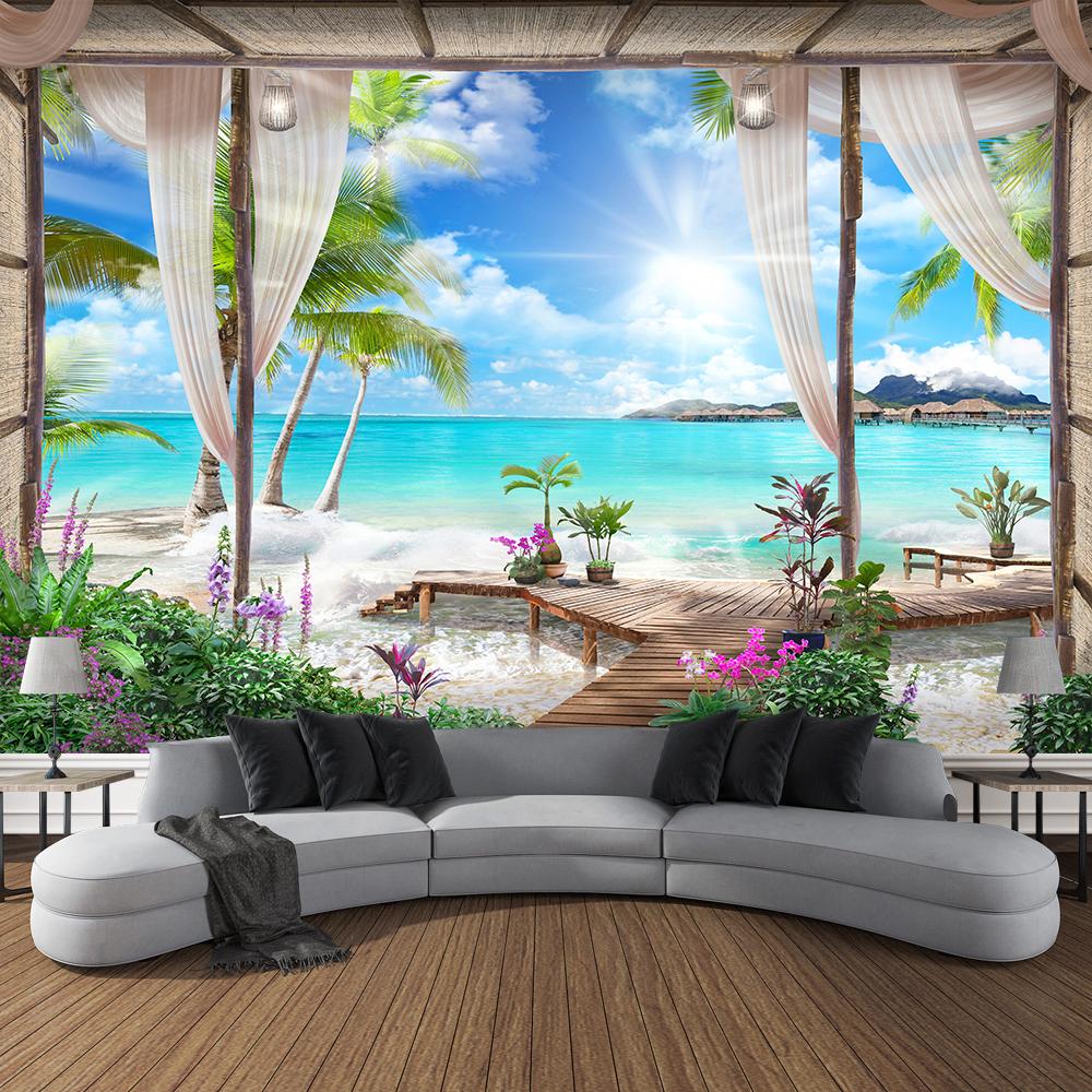 Windows Mountain Tree Tuch Großer Wandteppich Wandbehang Boho Hexerei Hippie Tapisserie Home Room Decor Ästhetische Dekoration 230x180cm von Joom DACH