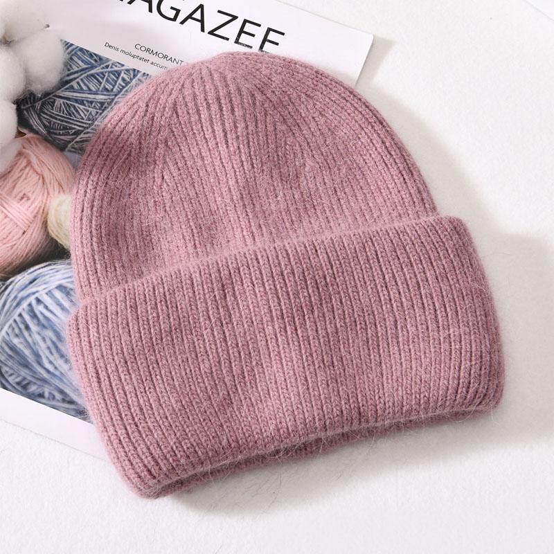 Winter Angola Kaninchenfell Gestrickte Mützen Für Frauen Fashion Solid Warme Kaschmirwolle Skullies Kappe Weibliche Dreifach Dicke Hüte 54-60cm candy rosa von Joom DACH