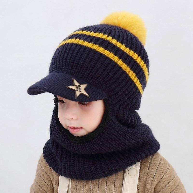 Winter Baby Kinder Niedlich Gestrickte Plüsch Schal Mütze Zweiteilige Doppel Fleece Wärme Jungen Mädchen Weiche Outdoor Winddichte Mütze Kindermütze 5-12 years old von Joom DACH