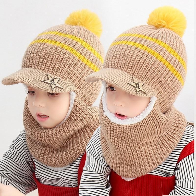 Winter Baby Kinder Niedlich Gestrickte Plüsch Schal Mütze Zweiteilige Doppel Fleece Wärme Jungen Mädchen Weiche Outdoor Winddichte Mütze Kindermütze 5-12 years old von Joom DACH