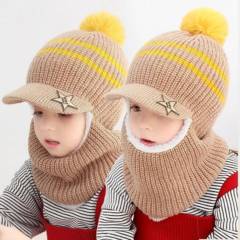 Winter Baby Kinder Niedlich Gestrickte Plüsch Schal Mütze Zweiteilige Doppel Fleece Wärme Jungen Mädchen Weiche Outdoor Winddichte Mütze Kindermütze 5-12 years old von Joom DACH