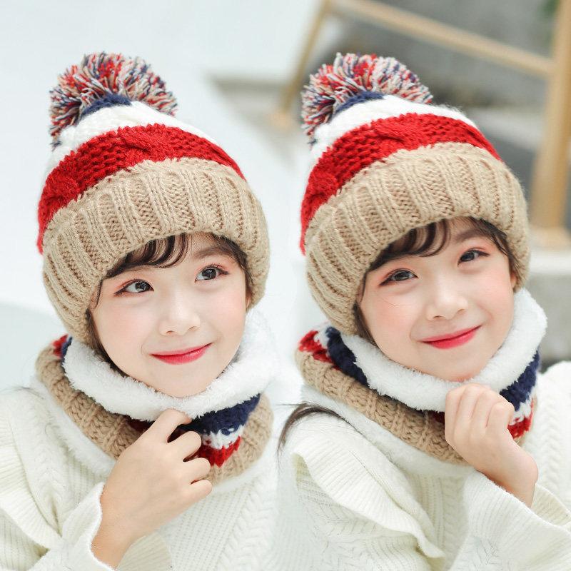 Winter Baby Kinder Niedlich Gestrickte Plüsch Schal Mütze Zweiteilige Doppel Fleece Wärme Jungen Mädchen Weiche Outdoor Winddichte Mütze Kindermütze 5-12 years old von Joom DACH