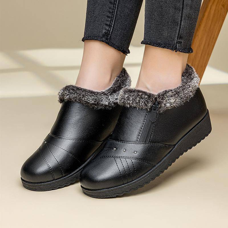 Winter Baumwollschuhe für Damen, Mama-Schuhe, Fleece-warme Baumwoll-Stiefeletten, Rutschfeste Lederschuhe und Schneestiefel 41 schwarz von Joom DACH