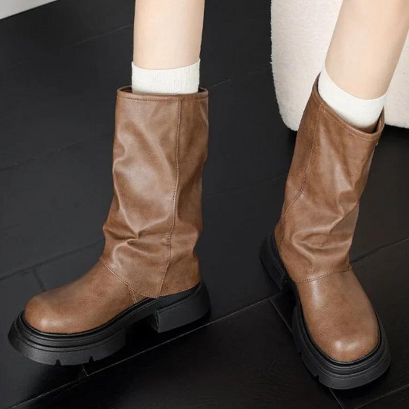 Winter Cowboy Stiefel für Damen Mode Gürtelschnalle Lange Stiefel Damen Elegant Quadratischer Absatz Damen Ritter Stiefeletten 41 braun von Joom DACH