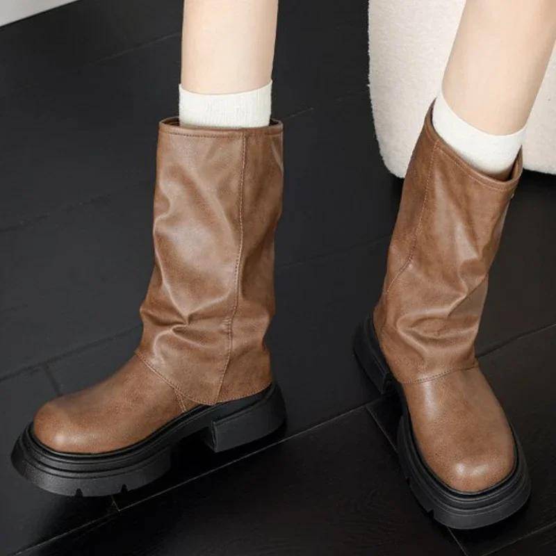 Winter Cowboy Stiefel für Damen Mode Gürtelschnalle Lange Stiefel Damen Elegant Quadratischer Absatz Damen Ritter Stiefeletten 41 braun von Joom DACH