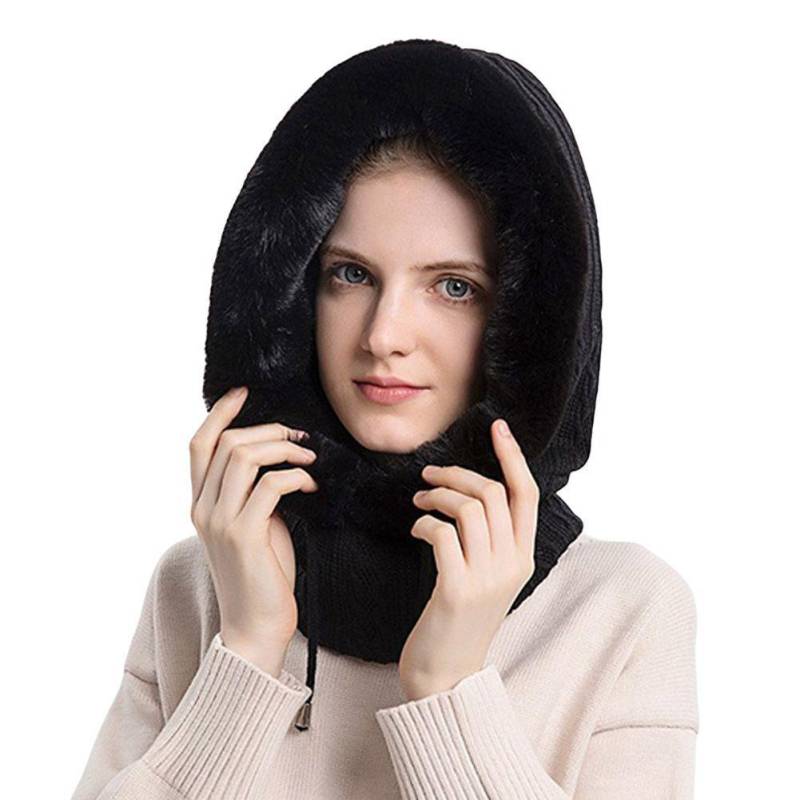 Winter Damen 3in1 Gestrickte Skimütze mit Schal Halswärmer Fleece gefütterte Kapuze Gesichtsmaske Erwachsene Sturmhaube für Outdoor-Sportarten One Size von Joom DACH