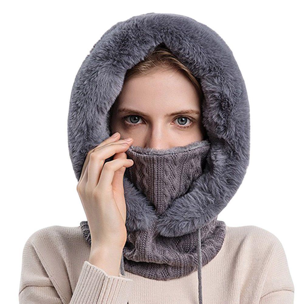Winter Damen 3in1 Gestrickte Skimütze mit Schal Halswärmer Fleece gefütterte Kapuze Gesichtsmaske Erwachsene Sturmhaube für Outdoor-Sportarten One Size von Joom DACH