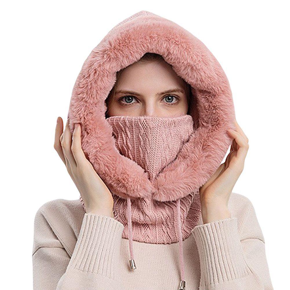 Winter Damen 3in1 Gestrickte Skimütze mit Schal Halswärmer Fleece gefütterte Kapuze Gesichtsmaske Erwachsene Sturmhaube für Outdoor-Sportarten One Size von Joom DACH