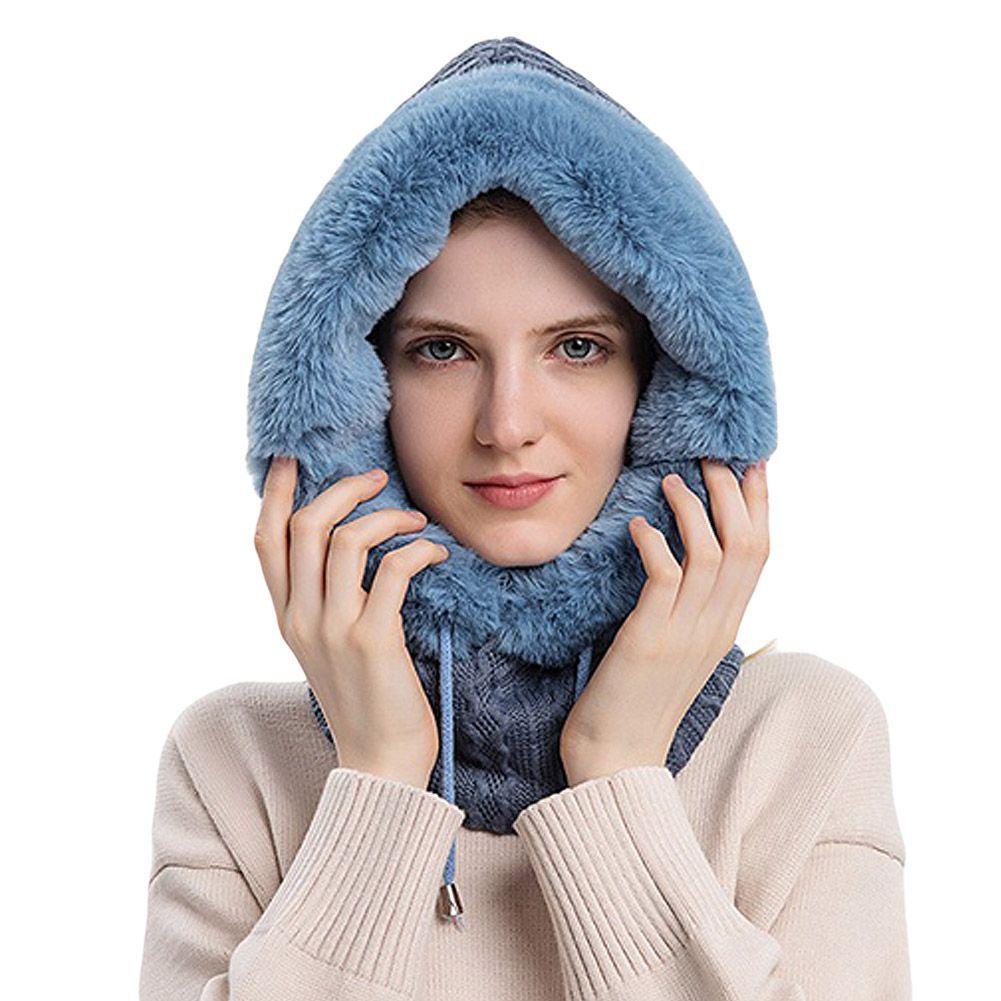 Winter Damen 3in1 Gestrickte Skimütze mit Schal Halswärmer Fleece gefütterte Kapuze Gesichtsmaske Erwachsene Sturmhaube für Outdoor-Sportarten One Size von Joom DACH
