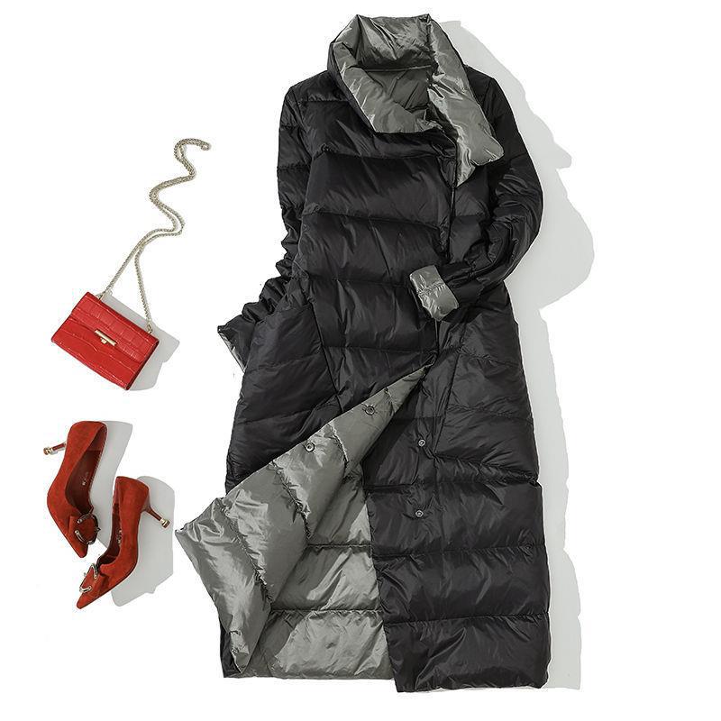 Winter Damen 90% Weiße Entendaunenjacke Lang Dick Doppelseitiger Mantel Damen Warm Zweireihiger Parka Oberbekleidung XXL schwarz von Joom DACH