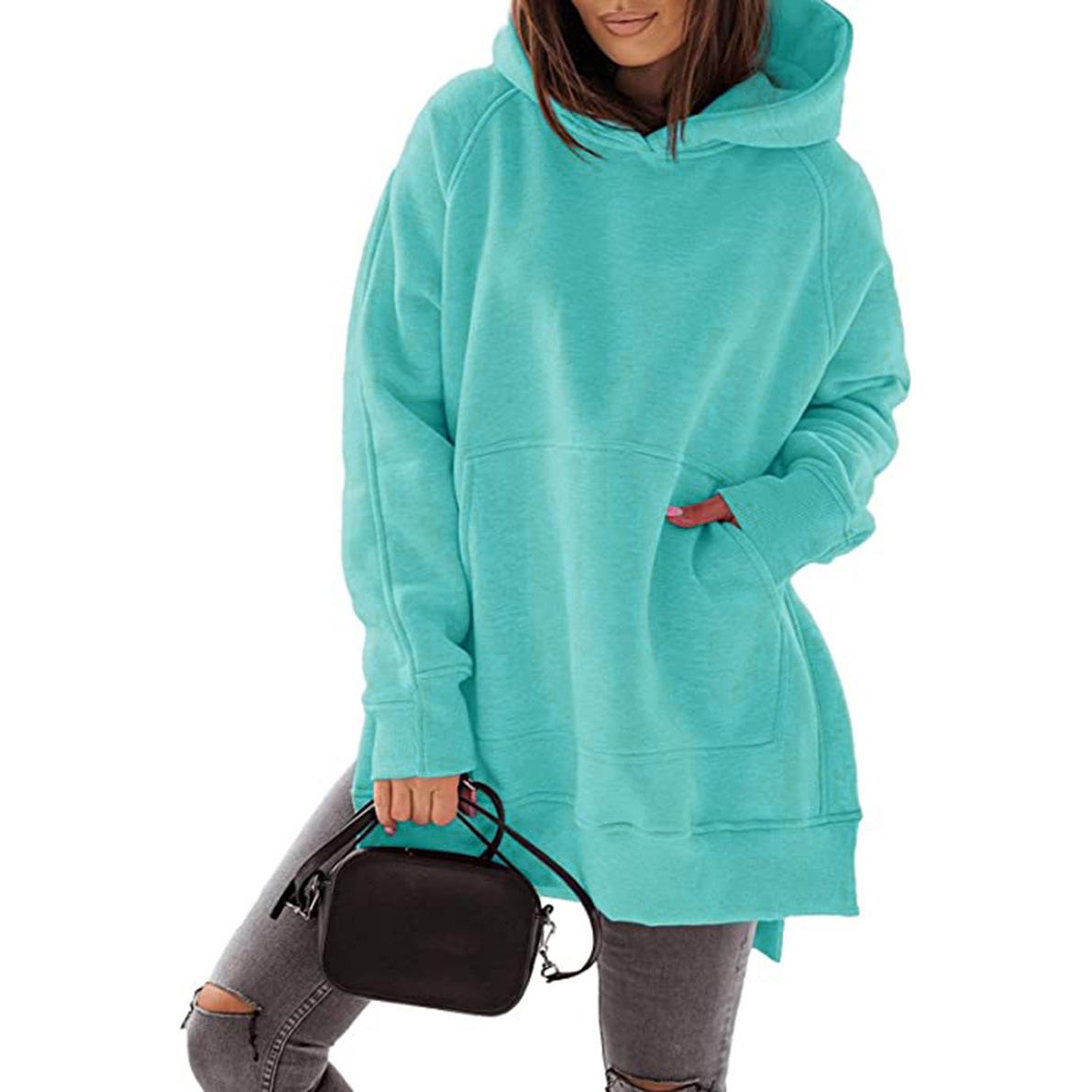 Winter Damen Hoodie Sweatshirt Langarm Rundhals Gepolstertes Sweatshirt Einfarbig Tasche Lose Kapuze Langarm Sweatshirt S himmelblaue von Joom DACH