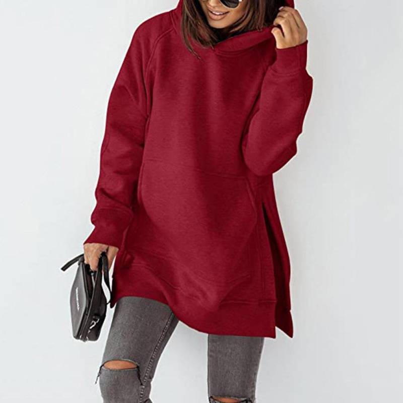 Winter Damen Hoodie Sweatshirt Langarm Rundhals Gepolstertes Sweatshirt Einfarbig Tasche Lose Kapuze Langarm Sweatshirt XXL bordeaux von Joom DACH