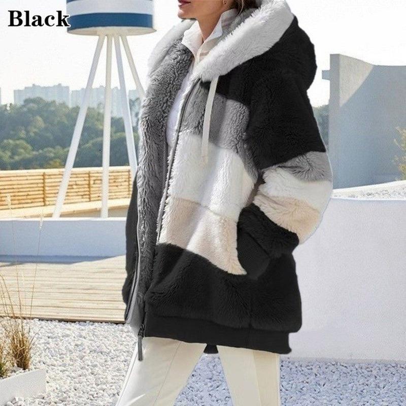 Winter Damen Jacke mit Kapuze warme Plüsch lose Jacke für Frauen Patchwork Winter Oberbekleidung Kunstpelz Reißverschluss Damen Parka Mantel L von Joom DACH
