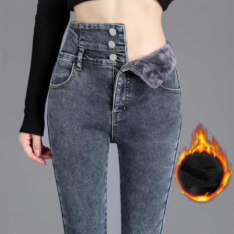 Winter Damen Jeans mit hoher Taille, verdicken, schlanke, enge Hose, Jeanshose, warme Damenhose XL grau von Joom DACH