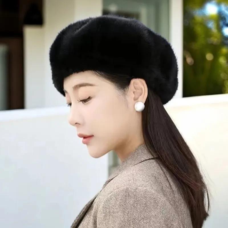 Winter Damen Kaninchenfell Baskenmütze Koreanische Version Warme Gestrickte Wollmütze Britischer Malerhut schwarz von Joom DACH