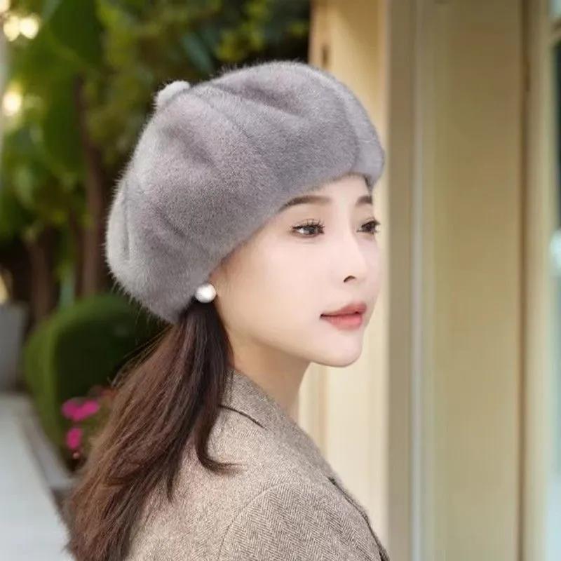 Winter Damen Kaninchenfell Baskenmütze Koreanische Version Warme Gestrickte Wollmütze Britischer Malerhut grau von Joom DACH