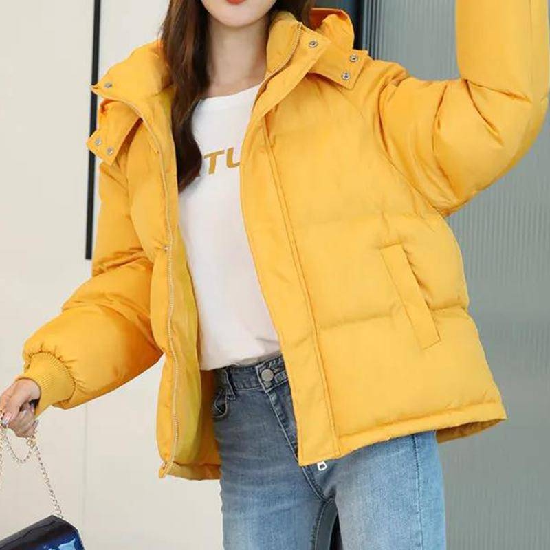 Winter Damen Kapuzen Reißverschluss Lose Daunenjacke Damen Einfarbig Kurze Dick Gepolsterte Jacke L gelb von Joom DACH
