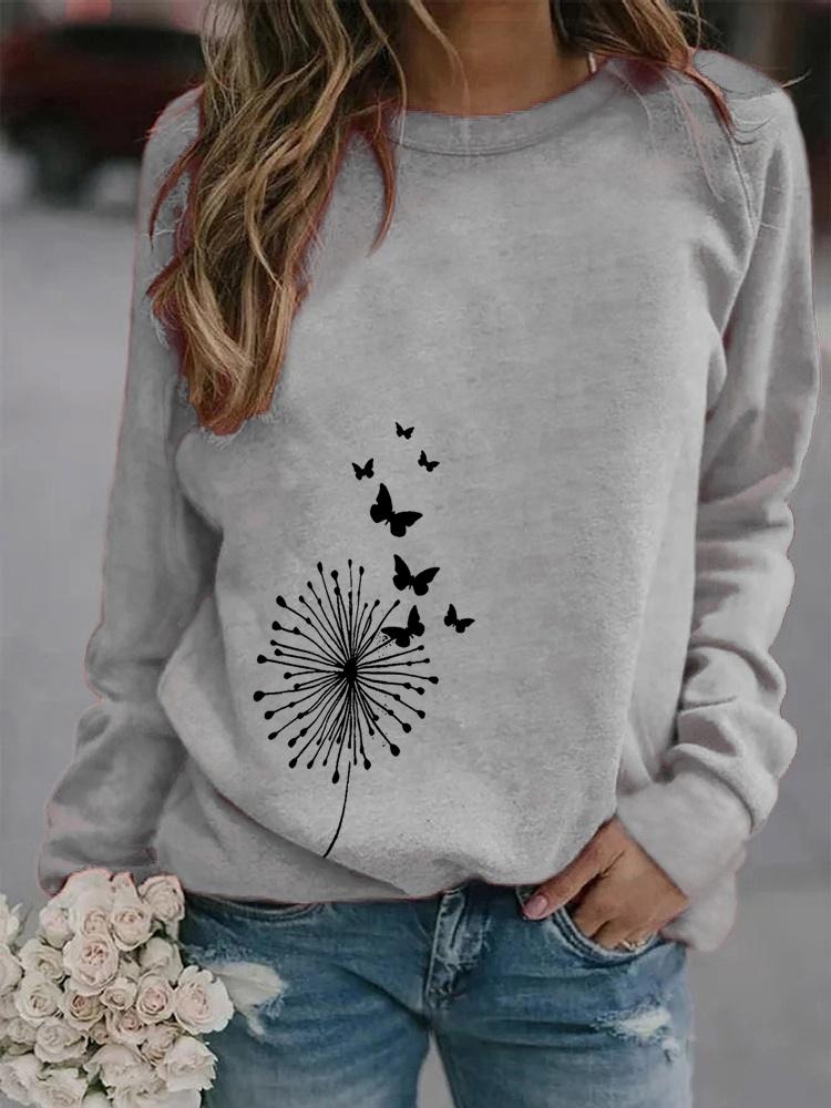 Winter Damen Löwenzahn bedrucktes Rundhals T-Shirt Plus Size Casual Langarm Tops Bequemes Sweatshirt 2XL grau von Joom DACH