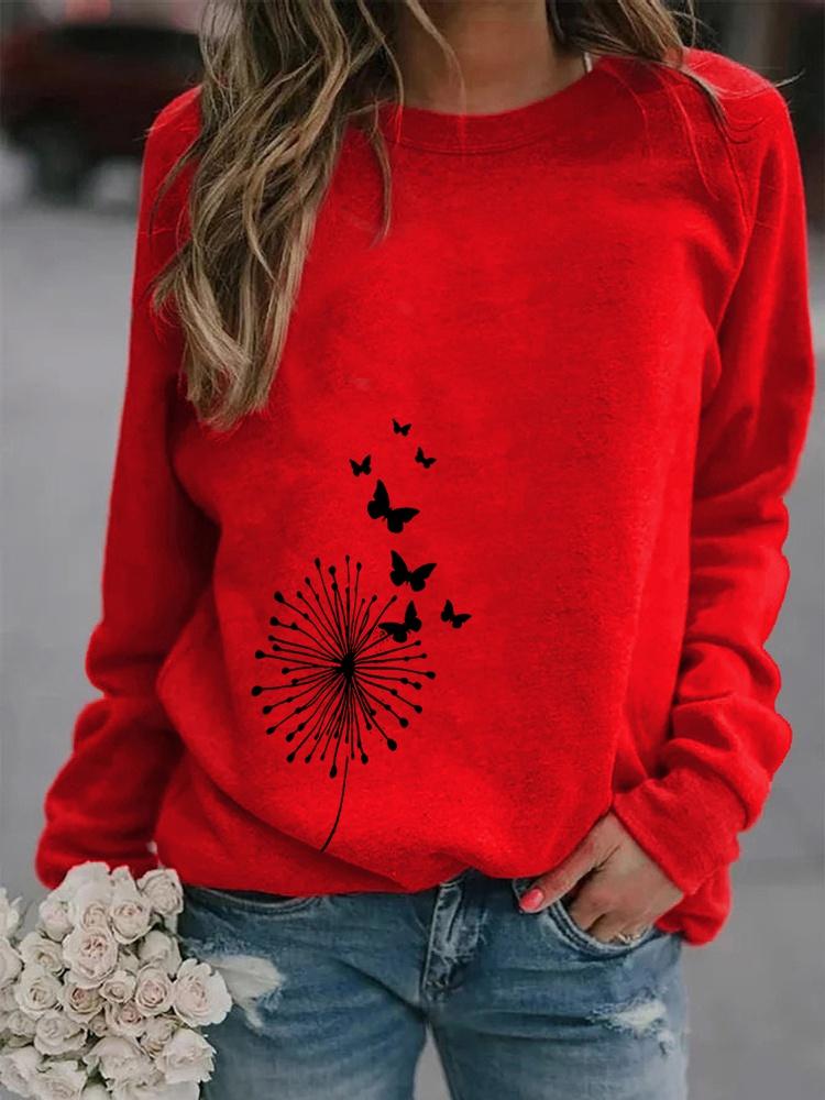Winter Damen Löwenzahn bedrucktes Rundhals T-Shirt Plus Size Casual Langarm Tops Bequemes Sweatshirt L rot von Joom DACH