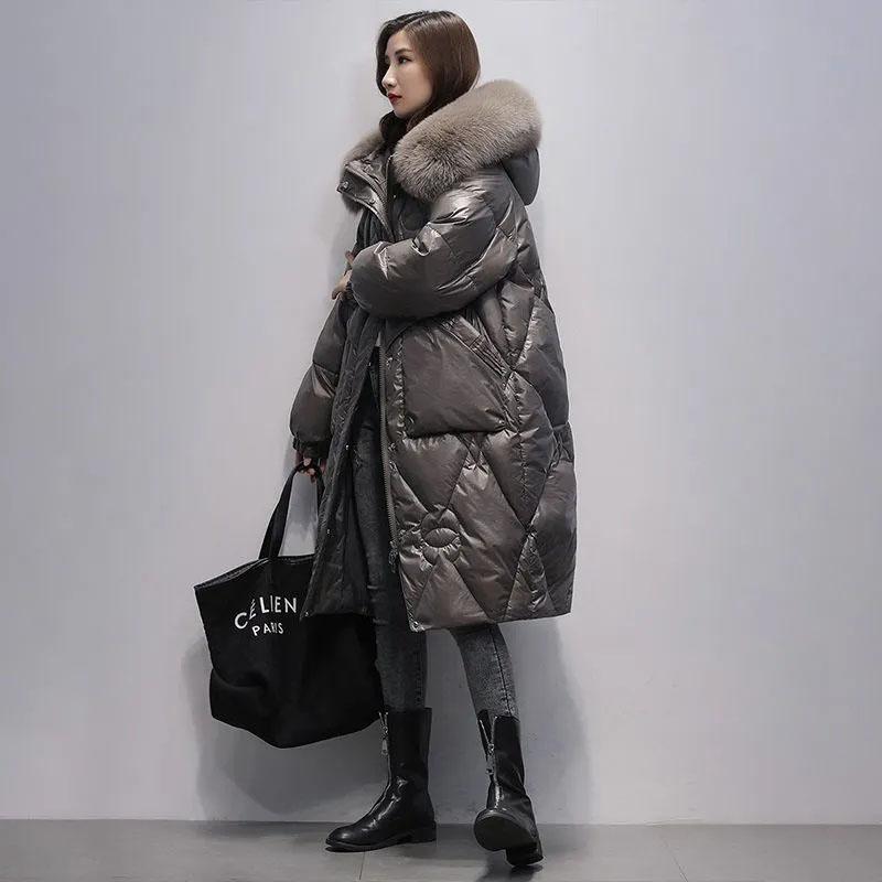 Winter Damen Übergröße Daunenjacke Mittel bis Lang Warme Jacken Mantel Langer Kapuzenparka Übermantel Damen Kalte Jacken XXL silber grau von Joom DACH
