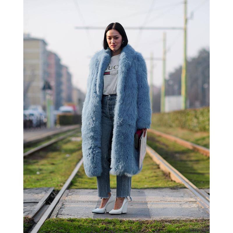 Winter Damen Übergröße Langhaarmantel Modischer Street Hipster Kunstpelz Flip Revers Pelzmantel 5XL himmelblaue von Joom DACH
