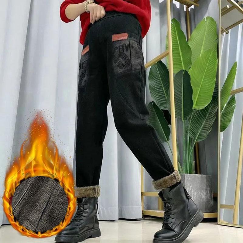 Winter Damen Verdickte Haremsjeans Fleece Gefüttert Warme Baggy Denim Hose Streetwear Lamm Fluff High Wasit Hose XL orange von Joom DACH