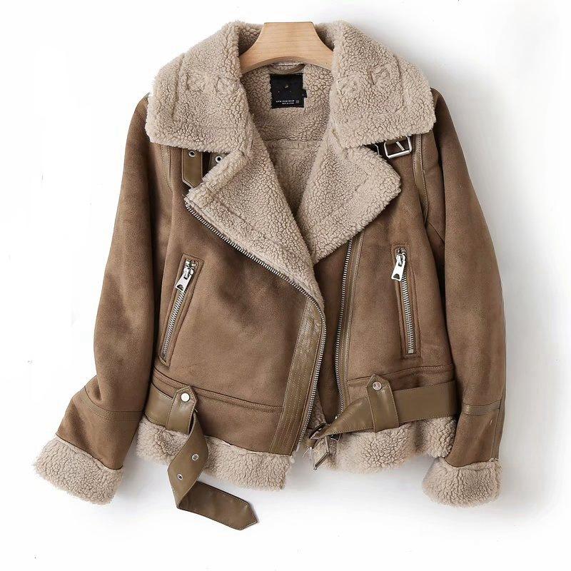 Winter Damenbekleidung Großes Revers Damen Verdickter Motorrad Wildleder Pelzmantel L braun von Joom DACH