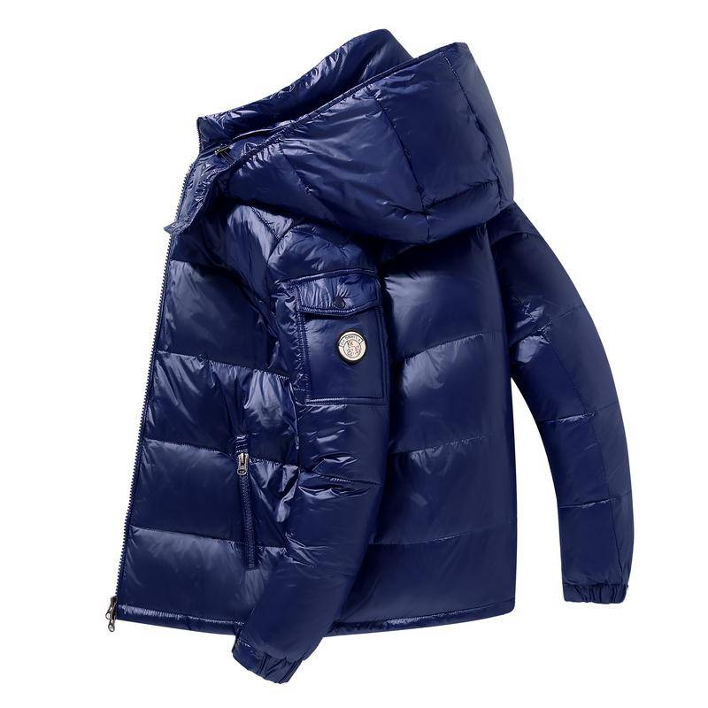 Winter-Daunenjacke für Herren, kurz, Retro-Stil, glänzend, abnehmbare Kapuze, weiße Entendaunen, warmer Mantel, Damen, kältebeständiger Parka L blau von Joom DACH