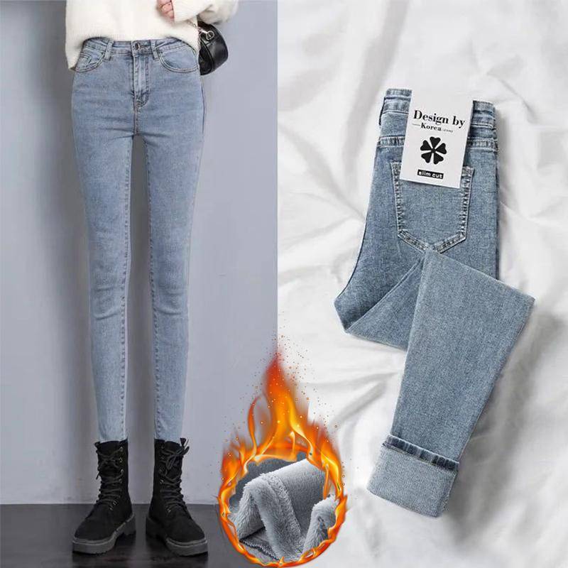 Winter Dicke Plus Frauen Hohe Taille Dünne Jeans Warme Slim Fit Stretch Damen Casual Denim Bleistift Hosen 32 hellblaue von Joom DACH