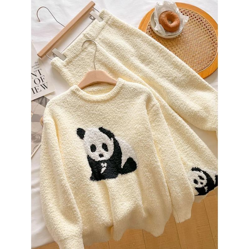 Winter Dickes Plüsch Nachtwäsche Zweiteiliges Set Damen Süß Niedlich Cartoon Panda Pyjama Flanell Fleece Loungewear Pijamas Homewear One Size von Joom DACH