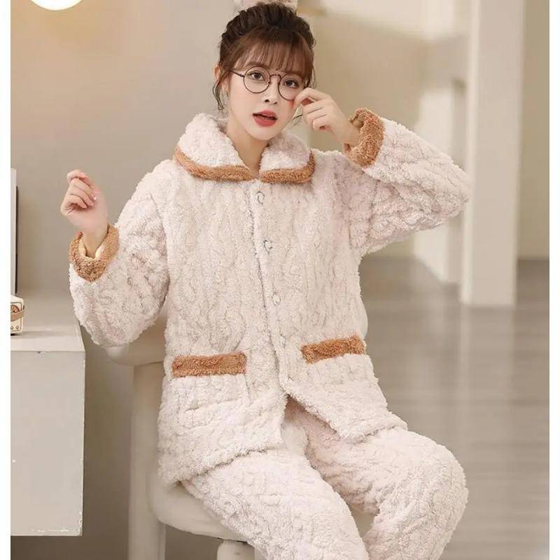 Winter Dickes Pyjama-Set für Damen Warmes Nachthemd Lockere Pyjamas Homewear Kleidung Flanell Weiblich Pijama Loungewear Hosenanzug 2XL von Joom DACH