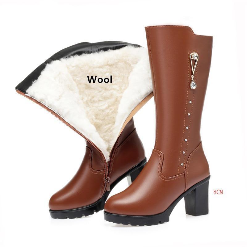 Winter Echtes Leder Frauen Lange Stiefel Wolle Wram Schnee Stiefel Frauen High Heel frauen Stiefel 38 von Joom DACH
