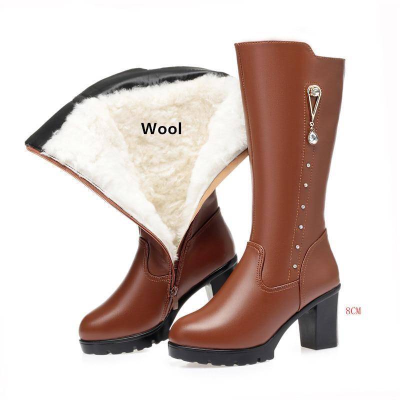 Winter Echtes Leder Frauen Lange Stiefel Wolle Wram Schnee Stiefel Frauen High Heel frauen Stiefel 38 von Joom DACH