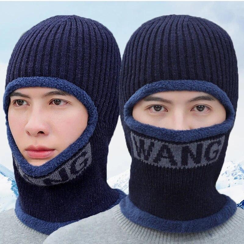 Winter Einfarbig Warme Brief Gestrickte Hut Schal Erwachsene Plüsch Verdicken Outdoor Winddicht Caps Frauen Mode Hut navy blau von Joom DACH