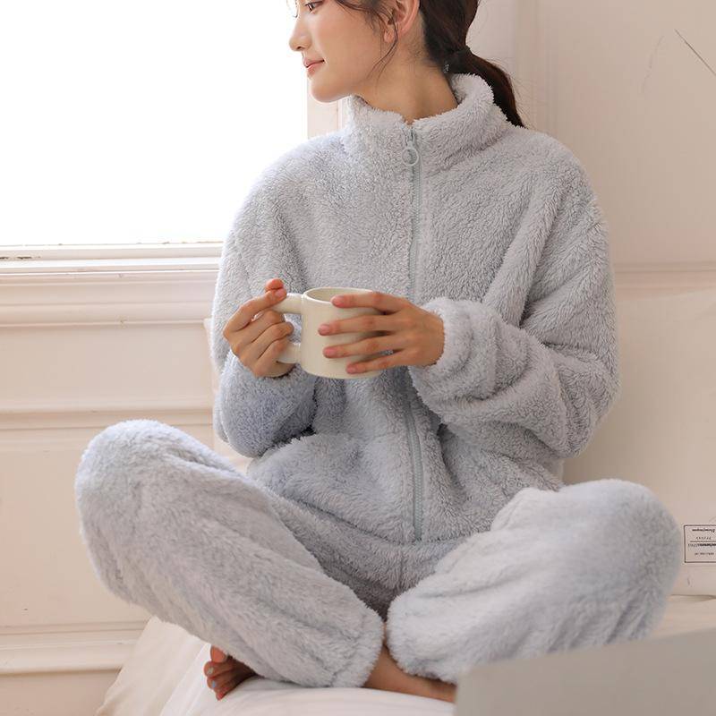 Winter Flanell Langarm Stehkragen Hose Pyjamaanzug Warmes Korallenfleece Damen Pyjama-Set Verdickt Locker Flanell Homewear L blau von Joom DACH