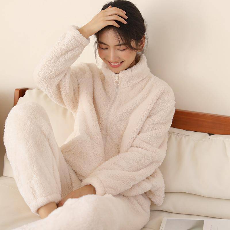Winter Flanell Langarm Stehkragen Hose Pyjamaanzug Warmes Korallenfleece Damen Pyjama-Set Verdickt Locker Flanell Homewear L weiß von Joom DACH