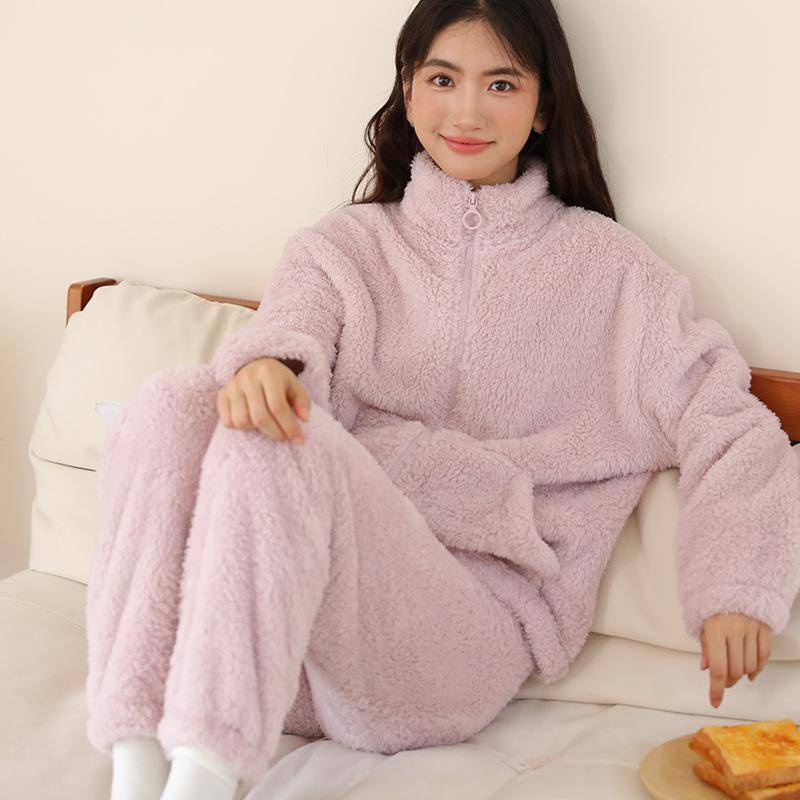 Winter Flanell Langarm Stehkragen Hose Pyjamaanzug Warmes Korallenfleece Damen Pyjama-Set Verdickt Locker Flanell Homewear M violett von Joom DACH