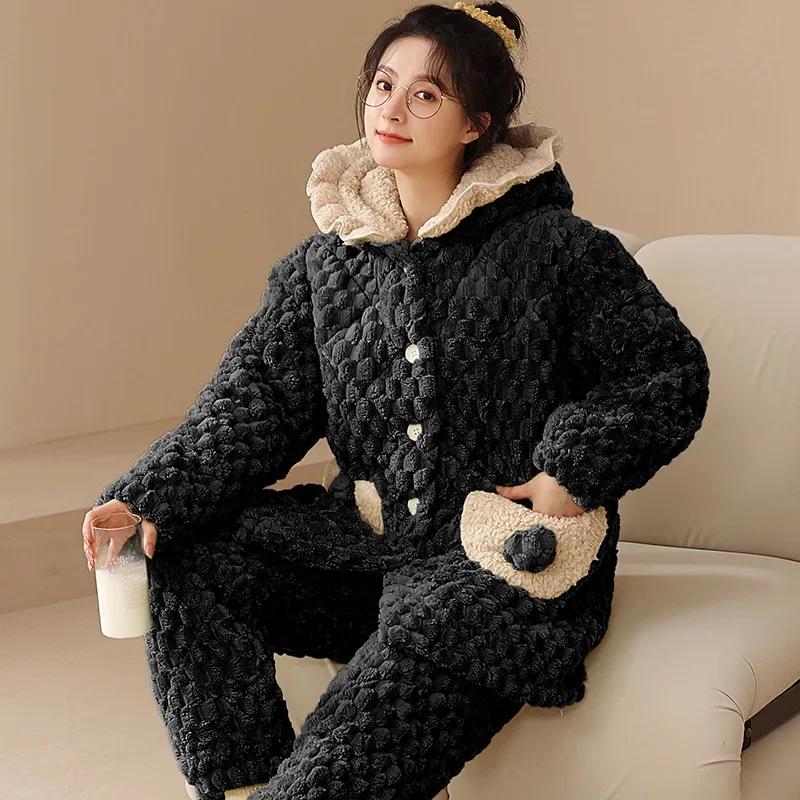 Winter Flanell Warme Nachtwäsche für junges Mädchen Cardigan Revers Pyjama Set Korallenfleece Warme Homewear Dreilagiges Pyjama Set M von Joom DACH