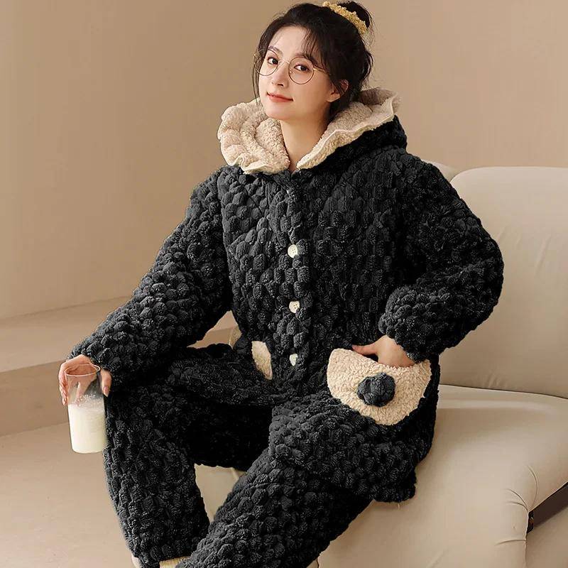 Winter Flanell Warme Nachtwäsche für junges Mädchen Cardigan Revers Pyjama Set Korallenfleece Warme Homewear Dreilagiges Pyjama Set M von Joom DACH