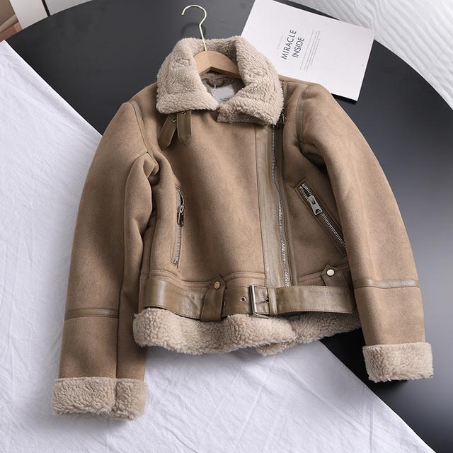 Winter Frauen Dicke Warme Wildleder Jacke Kurze Motorrad Braun Mäntel Faux Shearling Schaffell Leder Jacken Outwear M braun von Joom DACH