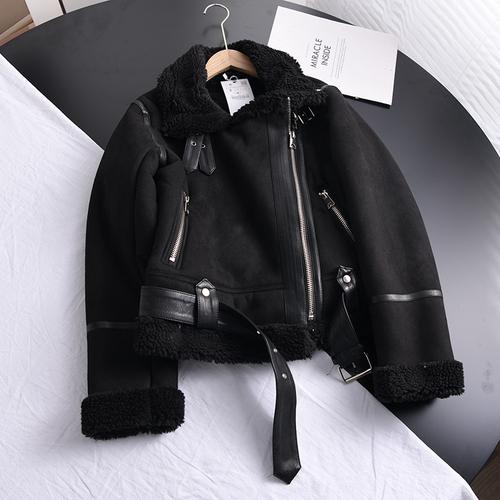 Winter Frauen Dicke Warme Wildleder Jacke Kurze Motorrad Braun Mäntel Faux Shearling Schaffell Leder Jacken Outwear XL schwarz von Joom DACH