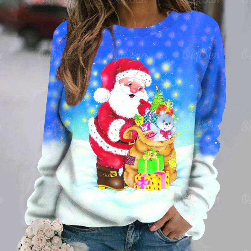 Winter Frauen Weihnachten Langarm T-Shirts Pullover Santa Claus Drucken T Tops Damen O Neck Übergroßen Street Fashion T-Shirt 6XL von Joom DACH