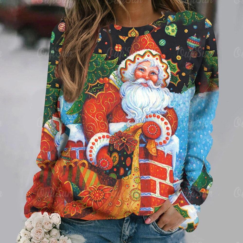 Winter Frauen Weihnachten Langarm T-Shirts Pullover Santa Claus Drucken T Tops Damen O Neck Übergroßen Street Fashion T-Shirt M von Joom DACH